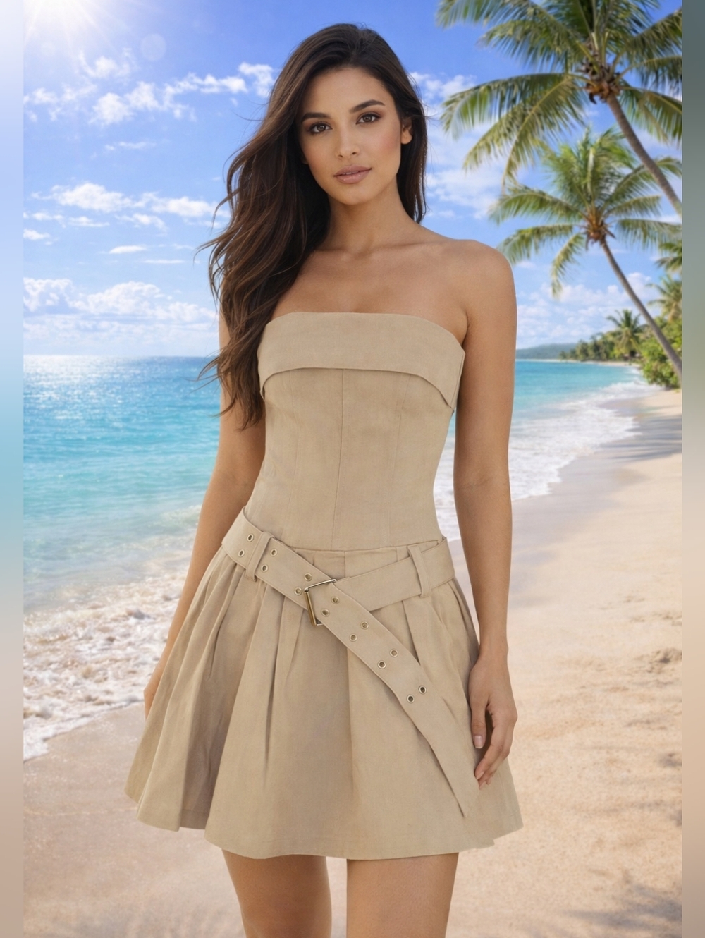 Strapless Belted Khaki Dress. NWT. Sizes Available XS - Picture 1 of 5
